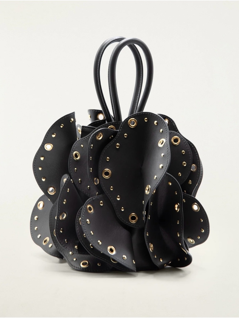 FARM Rio Black Floral Petal Eyelet Satchel with Gold Hardware